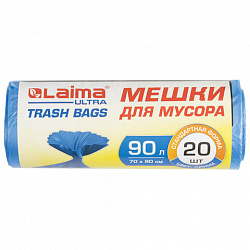Мешки для мусора LAIMA "ULTRA" 90 л синие, рулон 20 шт. прочные, ПНД 14 мкм, 70х90 см, 607693