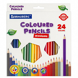 Карандаши цветные BRAUBERG PREMIUM, 24 цвета, шестигранные, грифель 3,3 мм, 181658