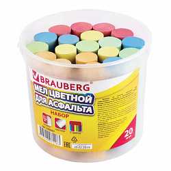Мел цветной BRAUBERG, набор 20 шт., для рисования на асфальте, круглый, пластиковое ведро, 223557