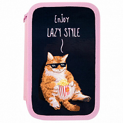 Пенал ПИФАГОР, 3 отделения, ламинированный картон, 19х11 см, "Lazy cat", 272252