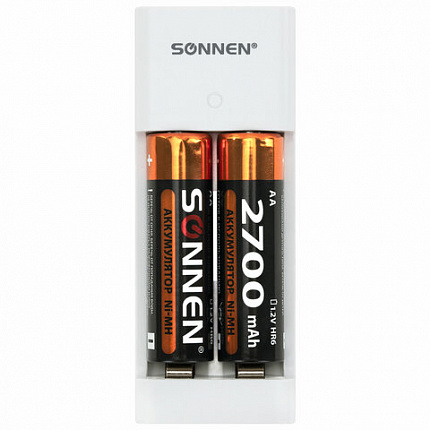 Батарейки аккумуляторные Ni-Mh с зарядным устройством пальчиковые 2 шт., AA 2700 mAh, SONNEN, 454239