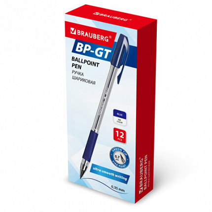 Ручка шариковая BRAUBERG "BP-GT", СИНЯЯ, корпус прозрачный, стандартный узел 0,7 мм, линия письма 0,35 мм, 144004