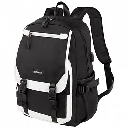 Рюкзак HEIKKI FUSION (ХЕЙКИ) универсальный, USB-порт, черный с белыми вставками, 45х31х15 см, 272578