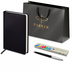 Ручка шариковая PARKER "Jotter Plastic CT", корпус черный, ежедневник А5 черный, белый срез, пакет, 880895