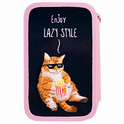 Пенал ПИФАГОР, 3 отделения, ламинированный картон, 19х11 см, "Lazy cat", 272252
