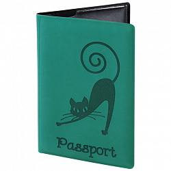 Обложка для паспорта, мягкий полиуретан, "Кошка", бирюзовая, STAFF, 237616