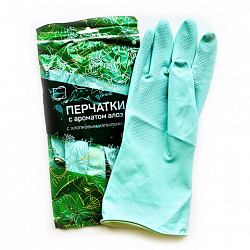Перчатки хозяйственные латексные с ароматом АЛОЕ зеленые, х/б напыление, размер M (средний), 58 г, прочные, КП, 139597