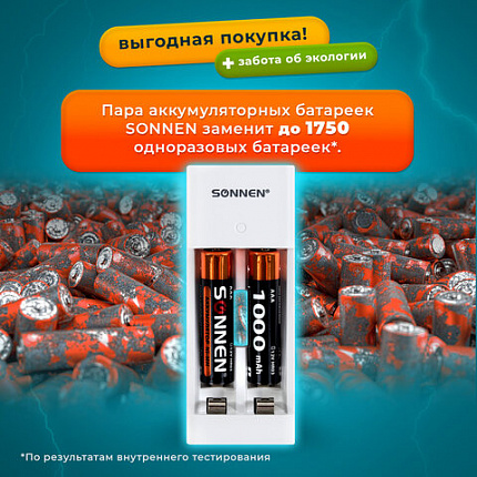Батарейки аккумуляторные Ni-Mh с зарядным устройством мизинчиковые 2 шт., AAA 1000 mAh, SONNEN, 455004