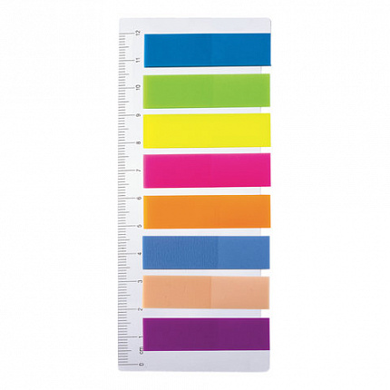 Закладки клейкие неоновые STAFF, 45х12 мм, 200 штук (8 цветов х 25 листов), на пластиковой линейке 12 см, 129356