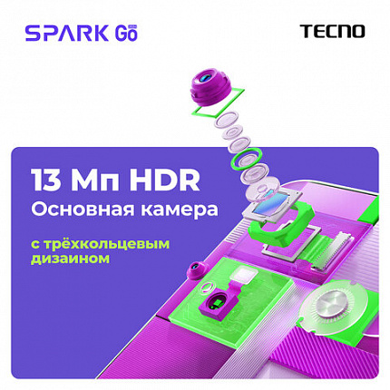 Смартфон TECNO SPARK GO, 2 SIM, 6,56", 4G, 13+2/5 Мп, 4/64 ГБ, черный, пластик, TCN-B, TCN-BG6.64.GRBK