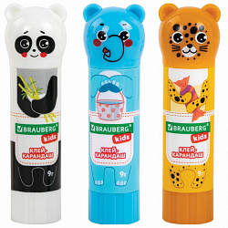 Клей-карандаш "Зверята: панда, слон, леопард", 9 г, фигурный колпачок, BRAUBERG KIDS, 271139