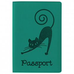 Обложка для паспорта, мягкий полиуретан, "Кошка", бирюзовая, STAFF, 237616