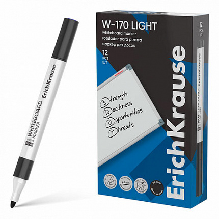 Маркер стираемый для белой доски, ЧЕРНЫЙ, ERICH KRAUSE "W-170 Light", круглый наконечник, 2,5 мм, 63567
