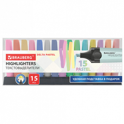 Набор текстовыделителей 15 ПАСТЕЛЬНЫХ ЦВЕТОВ на подставке, BRAUBERG "DELTA PASTEL", линия 1-5 мм, 152507