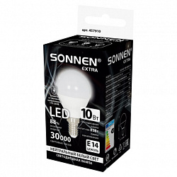 Лампа светодиодная SONNEN EXTRA,10 (85) Вт, E14, шар, нейтральный белый, 30000 ч, LED G45-10W-4000-Е14, 457910