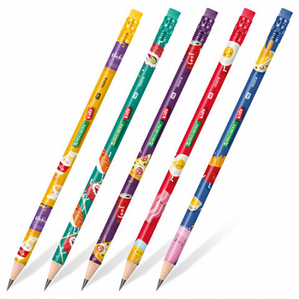 Карандаш чернографитный BRAUBERG KIDS "FOOD", 1 шт, HB, с ластиком, корпус ассорти, 182018