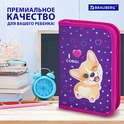Пенал BRAUBERG, 1 отделение, полиэстер, 21х14 см, "I love corgi", 271530