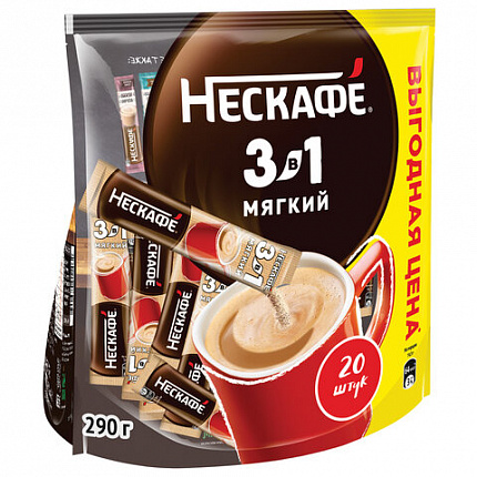 Кофе растворимый порционный NESCAFE "3 в 1 Мягкий", КОМПЛЕКТ 20 пакетиков по 14,5 г, 12460876
