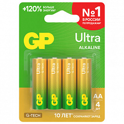 Батарейки КОМПЛЕКТ 4 шт., GP Ultra G-Tech, AA (LR6, 15А), алкалиновые, пальчиковые, 15AUA21-2CRSBC4