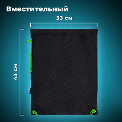 Мешок для обуви BRAUBERG плотный, карман на молнии, подкладка, 43х33 см, "Неоновый зеленый", 271625