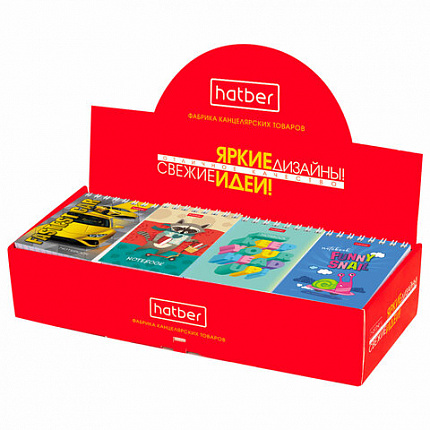 Блокнот МАЛЫЙ ФОРМАТ А7 65х100 мм, 40 л., гребень, картон, клетка, дисплей, HATBER, Ассорти, 031285, 40Б7B1гр