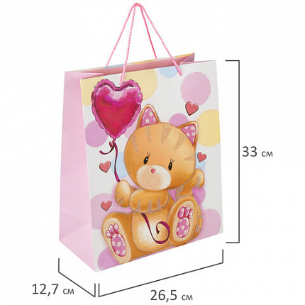 Пакет подарочный (1 штука) 26x13x32 см, ЗОЛОТАЯ СКАЗКА "Lovely Kitty", глиттер, белый/розовый, 608242