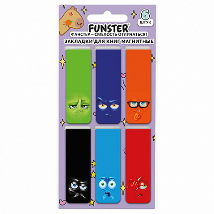 Закладки для книг МАГНИТНЫЕ, "АССОРТИ 5 ДИЗАЙНОВ МИКС", набор 6 штук, 60x20 мм, FUNSTER, 116652
