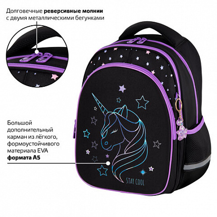 Рюкзак BRAUBERG OPTIMA, 2 отделения, с брелоком, "Сияющий единорог", 36х27х18 см, 273157
