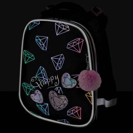 Ранец BRAUBERG LUMINOUS, 2 отделения, с брелоком, "Бриллианты", СВЕТЯЩИЙСЯ РИСУНОК, 38х29х16 см, 272070