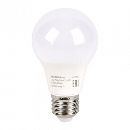 Лампа светодиодная SONNEN EXTRA, 7 (60) Вт, Е27, груша, нейтральный белый, 30000 ч, LED A60-7W-4000-Е27, 457890
