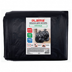Мешки для мусора 240 л, черные в пласте 50 штук прочные, ПВД 40 мкм, 105x135 см, LAIMA, 702685