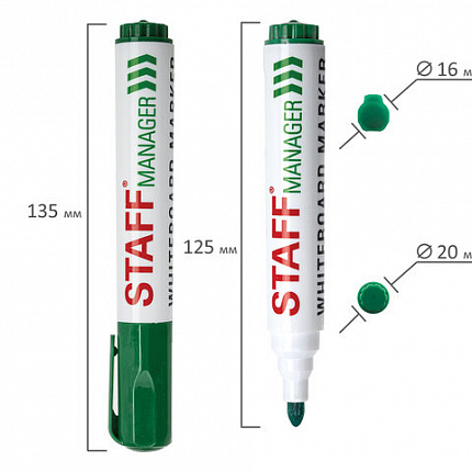 Маркер стираемый для белой доски ЗЕЛЕНЫЙ, STAFF "Manager" WBM-491, 5 мм, с клипом, 151494