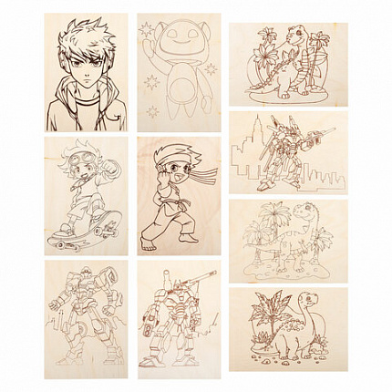 Заготовки деревянные для выжигания "Для мальчиков", 5 шт., 10 рисунков, 15х21 см, BRAUBERG HOBBY, 665310