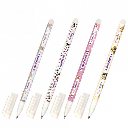 Ручка стираемая гелевая ЮНЛАНДИЯ "Котята", СИНЯЯ, корпус ассорти, узел 0,5 мм, линия письма 0,35 мм, 143659