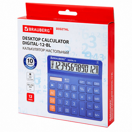 Калькулятор настольный BRAUBERG DIGITAL-12-BL (151х152 мм), 12 разрядов, двойное питание, СИНИЙ, 272969