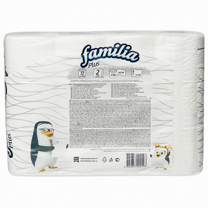 Бумага туалетная бытовая, спайка 12 шт., 2-слойная (12х20,4 м), FAMILIA PLUS, белая, 5057792