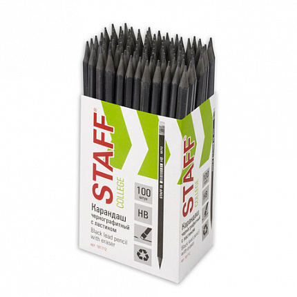 Карандаш чернографитный STAFF "College" BLP-712, 1 шт., НВ, с ластиком, пластик, корпус черный, 181712
