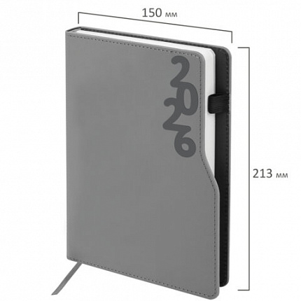 Ежедневник датированный 2026, А5, 150x213 мм, BRAUBERG "Up", под кожу, софт-тач, держатель для ручки, серый, 117119