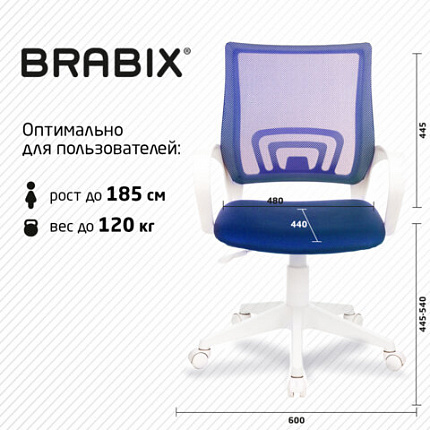 Кресло BRABIX "Fly MG-396W", с подлокотниками, пластик белый, сетка, темно-синее, 532399, MG-396W_532399