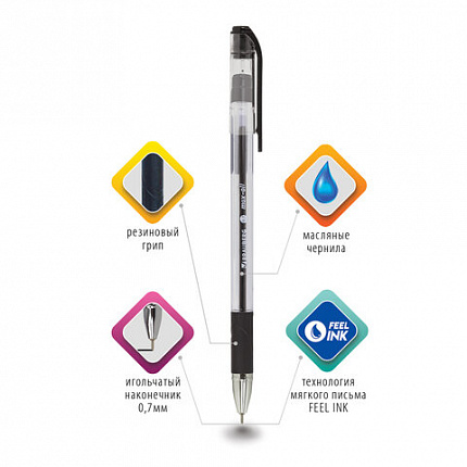 Ручка шариковая масляная с грипом BRAUBERG "Max-Oil", ЧЕРНАЯ, игольчатый узел 0,7 мм, линия письма 0,35 мм, 142142