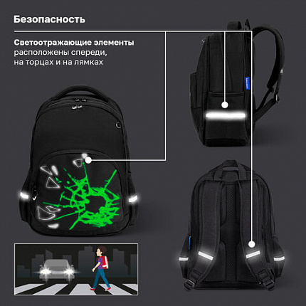Рюкзак BRAUBERG SOFT, 2 отделения, 3 кармана, "Осколки", СВЕТЯЩИЙСЯ, 40х31х15 см, 274402