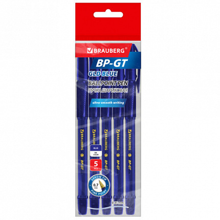 Ручки шариковые BRAUBERG "BP-GT GLD BLUE", НАБОР 5 ШТУК, СИНИЕ, пишущий узел 0,7 мм, линия письма 0,35 мм, 144511