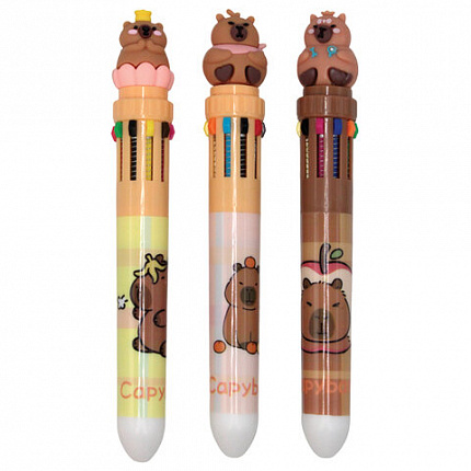 Ручка многоцветная с топпером шариковая 10 ЦВЕТОВ "Капибара", ассорти, линия 0,5мм, 7, 77425