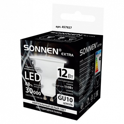 Лампа светодиодная SONNEN EXTRA, 12 (110) Вт, GU10, нейтральный белый, 30000 ч, LED MR16-GU10-12W-4000, 457927