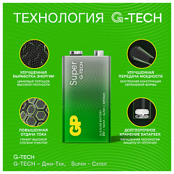 Батарейка 1 шт., GP Super G-Tech, Крона (6LR61, 6LF22, 1604A), алкалиновая, в пленке, 1604A-5S1