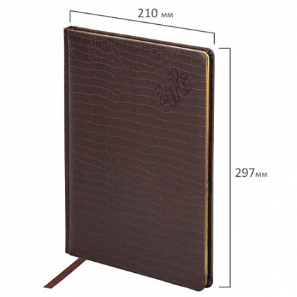 Еженедельник датированный 2026 БОЛЬШОЙ ФОРМАТ 210х297 мм, А4 BRAUBERG "Comodo", под кожу, коричневый, 117152