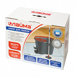 Швабра с отжимом и ведром 14л/7л, центрифуга отжим педалью, 2 круглые насадки, крепление кольцо, серо-красный, LAIMA, 603622