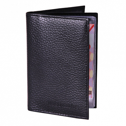 Обложка для автодокументов и паспорта натуральная кожа флоттер, "DOCUMENTS", черная, BRAUBERG 238193