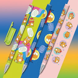 Ручка шариковая с принтом FUNSTER (ФАНСТЕР) STICK "КОТ-ЭНТУЗИАСТ", СИНЯЯ, SOFT TOUCH покрытие, узел 0,7 мм, линия 0,35 мм, 144398