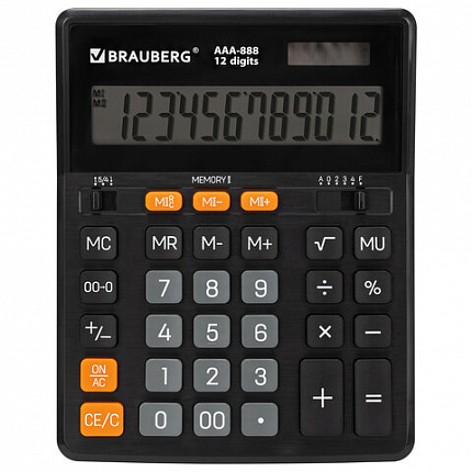 Калькулятор настольный BRAUBERG AAA-888 (202x159 мм), 12 разрядов, ЧЕРНЫЙ, двойное питание, 273981
